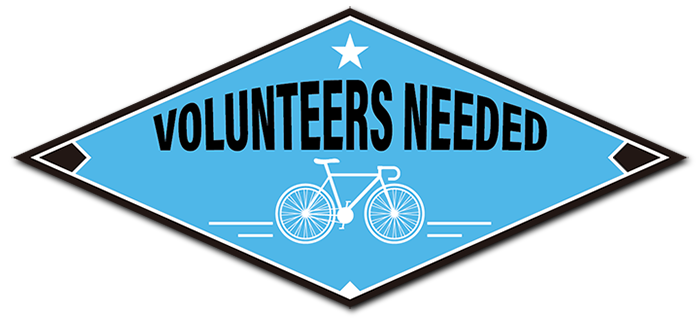 Long/wide diamond shape banner that says Volunteers Needed with a picture of a cycle.