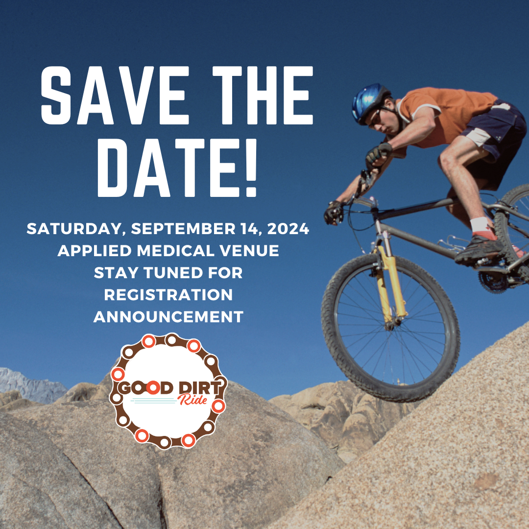 A Community Event for a Good Cause. The Good Dirt Ride logo, the year 2023, with 3 collaborating sponsors, Linked Cycling, Think MTB and OCMTB.